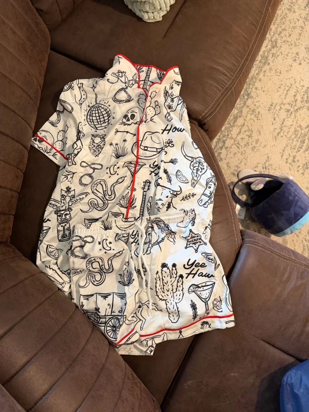 10 sets! Western Print Short Pajama Set - White with Black & Red Trim - Picture 2 of 6